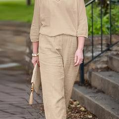  Long Sleeve Notched Neck Top & Wide Leg Pants Set