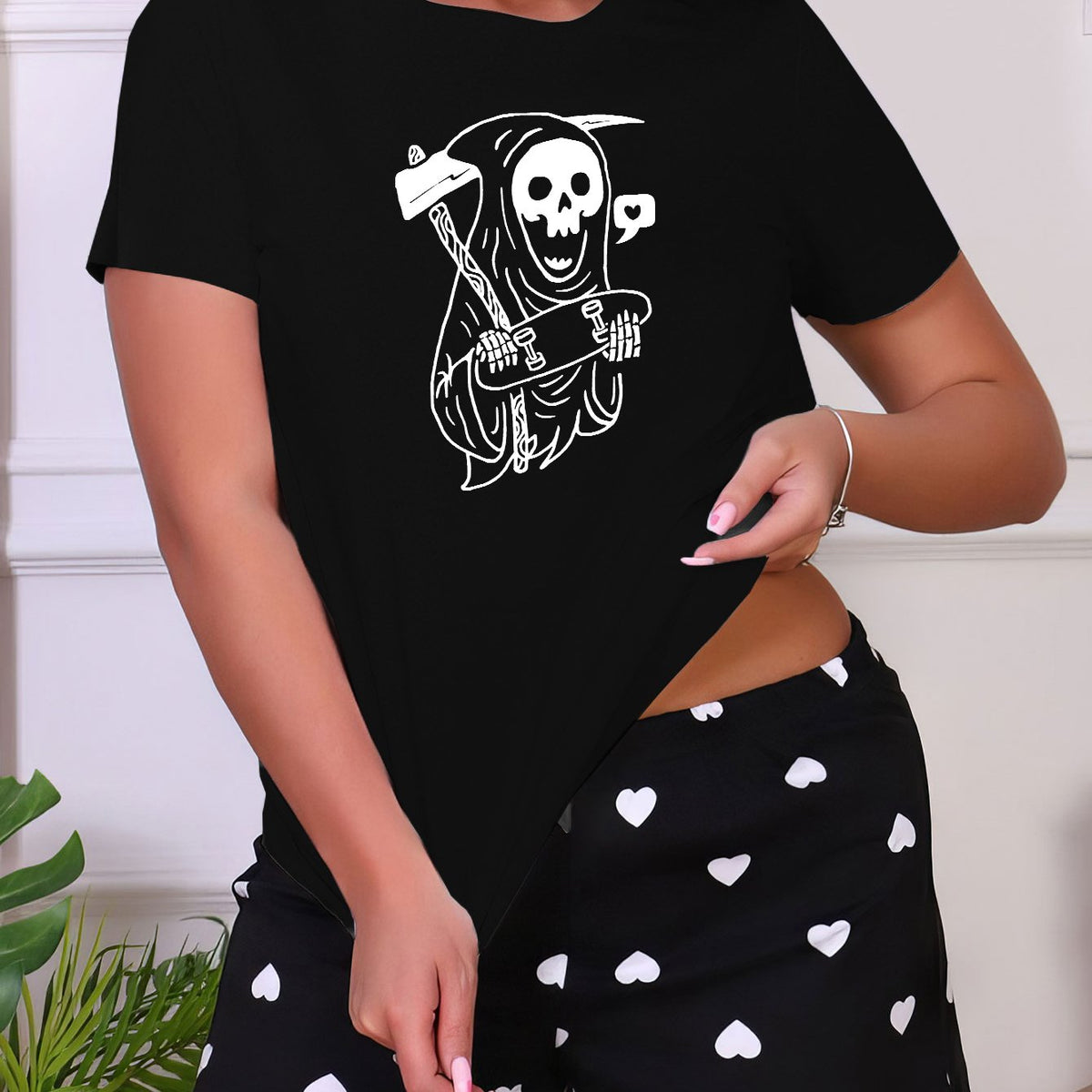 Cartoon Print Sleep Tops Short Sleeve Crew Neck Top