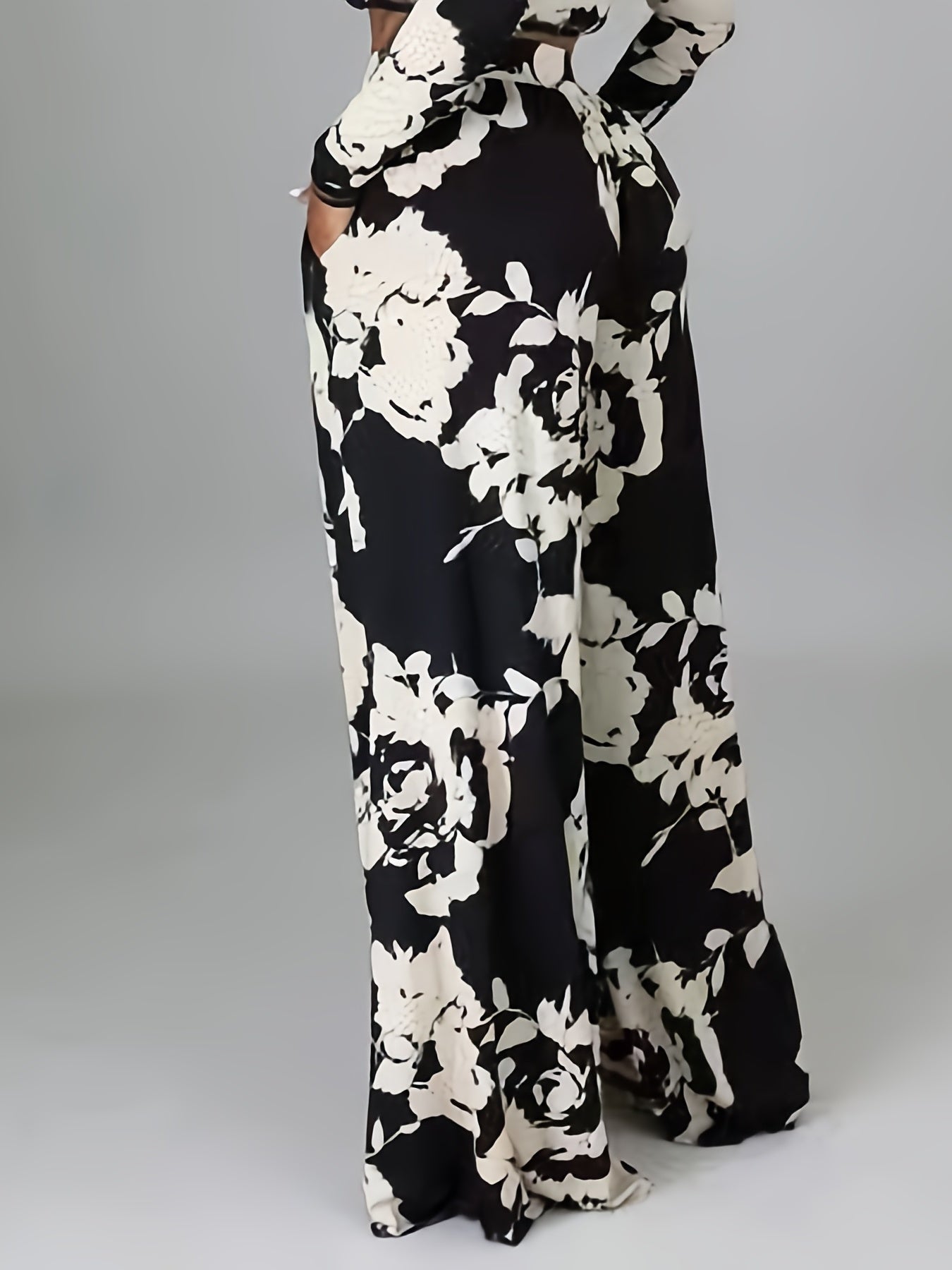 Floral Print Wide Leg Trousers High Rise Stretch Pants