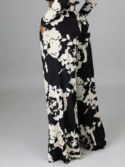 Floral Print Wide Leg Trousers High Rise Stretch Pants