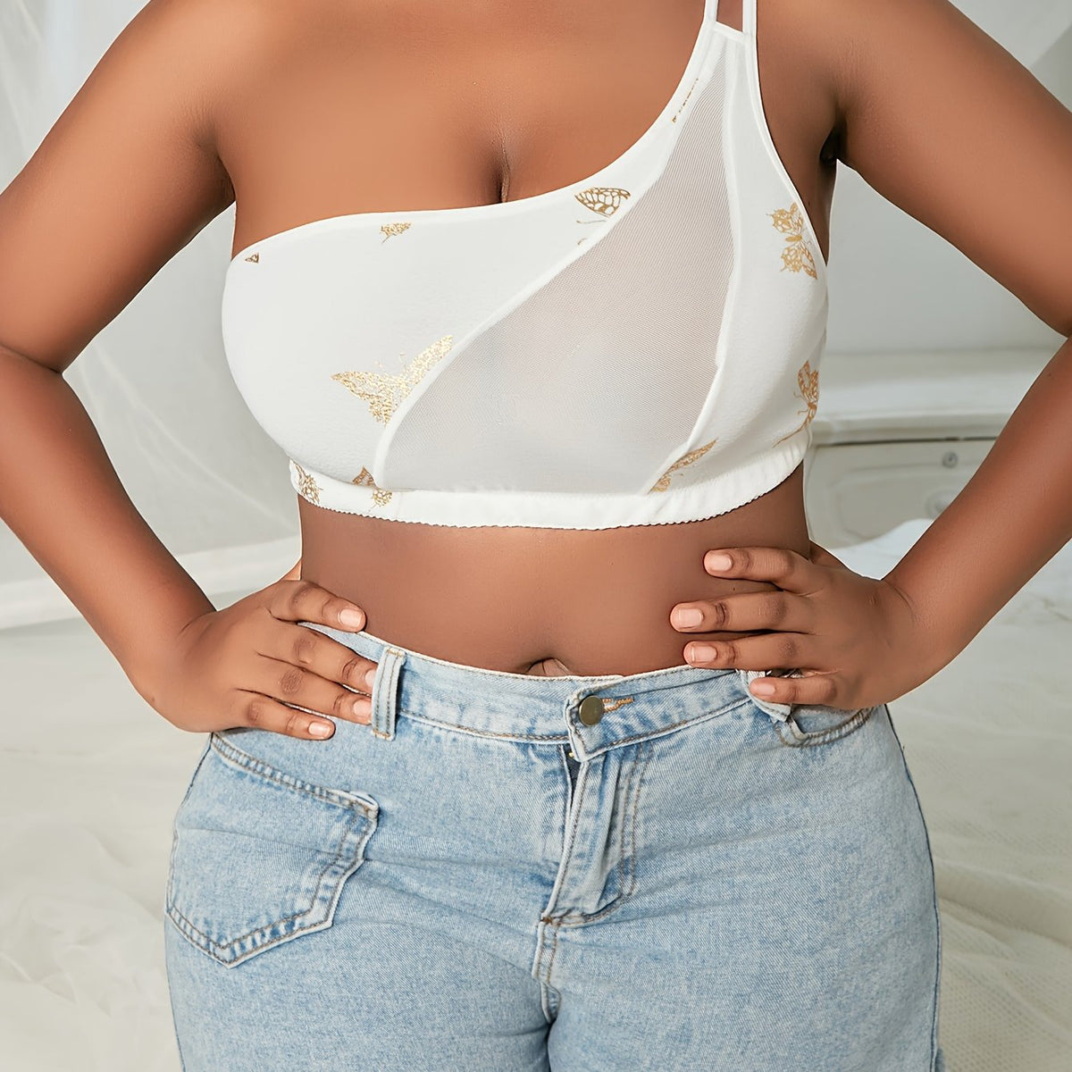  Golden Butterfly Print One Shoulder Bralette