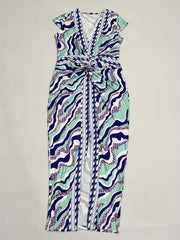  Striped Cap Sleeve Deep V Neck Summer Dress
