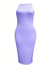  Casual Tank Dress Women's Plus Solid Round Neck Midi Bodycon Dress