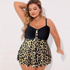  Leopard Print Tankini Set V Neck Ruched Cami Top & Panty Swimsuit
