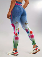 Faux Denim Print Butt Lifting Fitness Gym Leggings