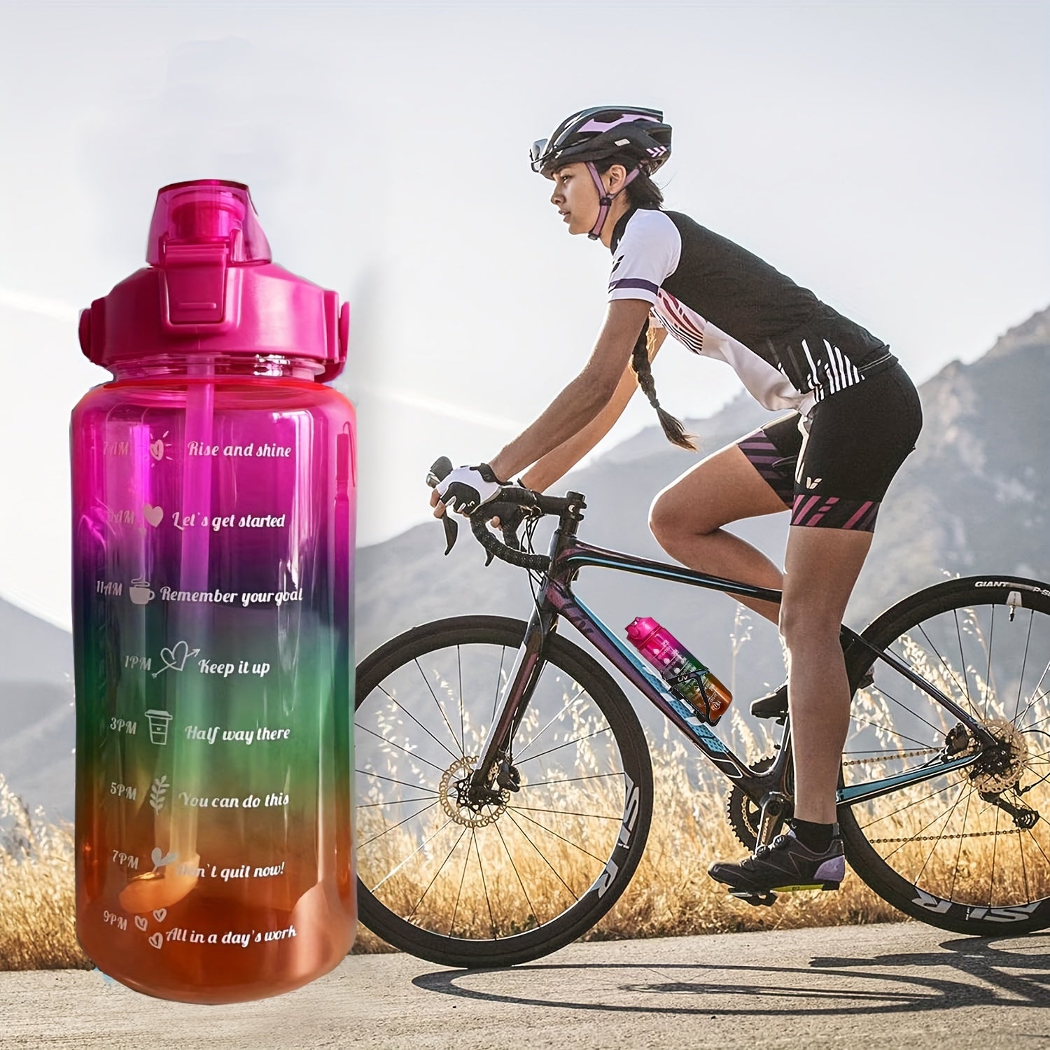 Gradient Leakproof Water Bottle with Time Marker and Straw Cup