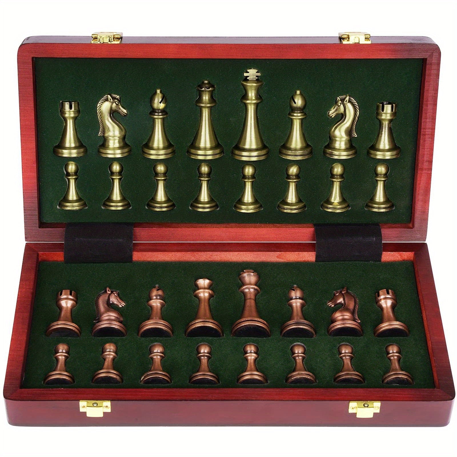 Wooden Chess Set with Metal Pieces in Foldable Box