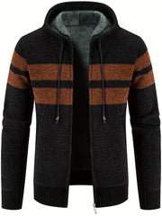 Men's Striped Pattern Hooded Cardigan with Teddy Lining