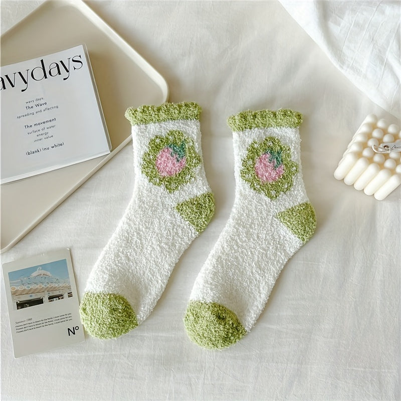 6 Pairs Heart & Stripe Pattern Plush Socks Soft Mid Tube Women's Stockings