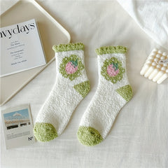 6 Pairs Heart & Stripe Pattern Plush Socks Soft Mid Tube Women's Stockings