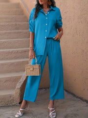 Solid Two Piece Set Ruched Half Sleeve Shirt & Elastic Waist Pants