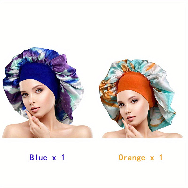2pcs Colorful Satin Bonnet Oversized Turban Cap Large Elastic Head Wrap