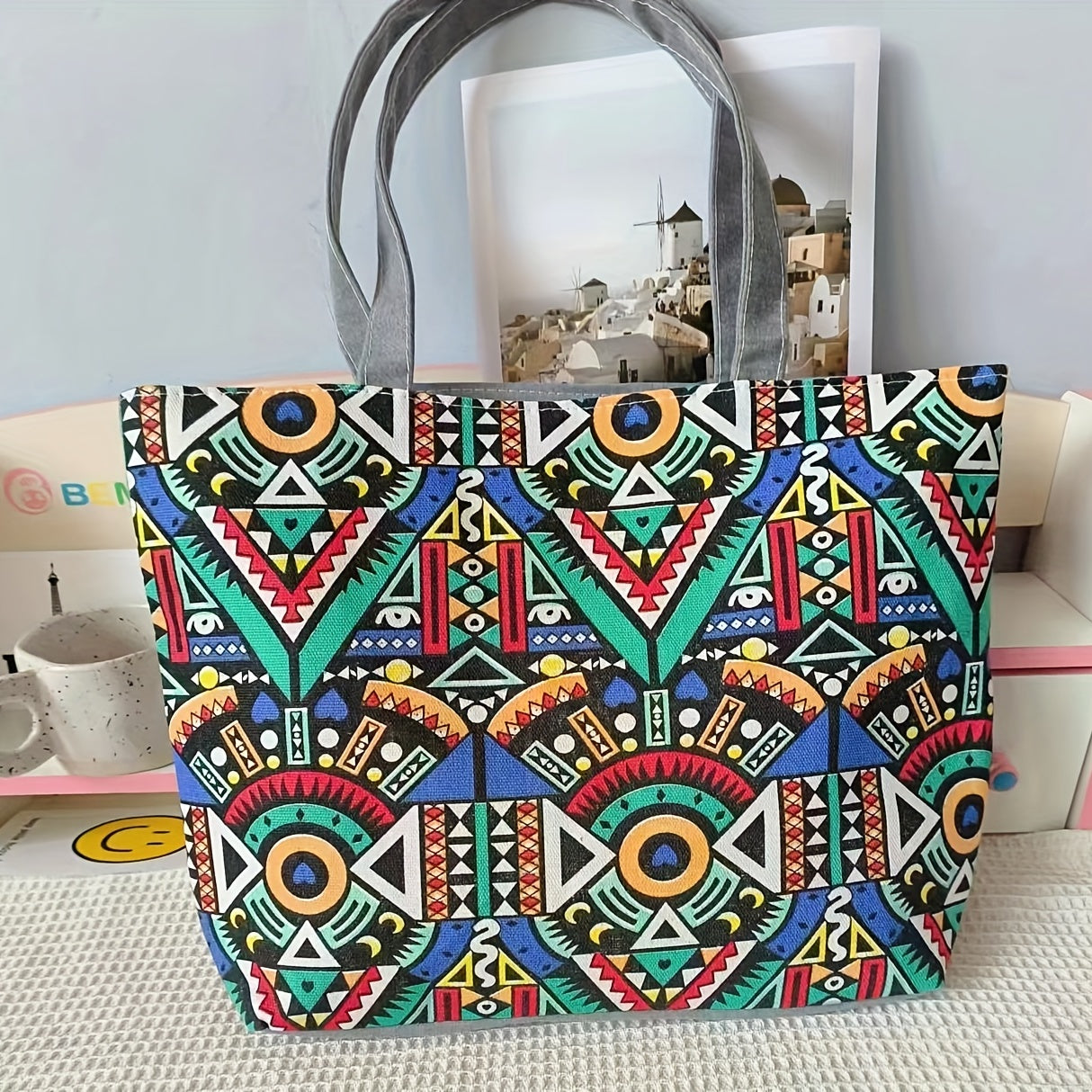 Canvas Vintage Geometric Pattern Tote Bag Large Capacity Shoulder Bag