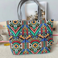 Canvas Vintage Geometric Pattern Tote Bag Large Capacity Shoulder Bag