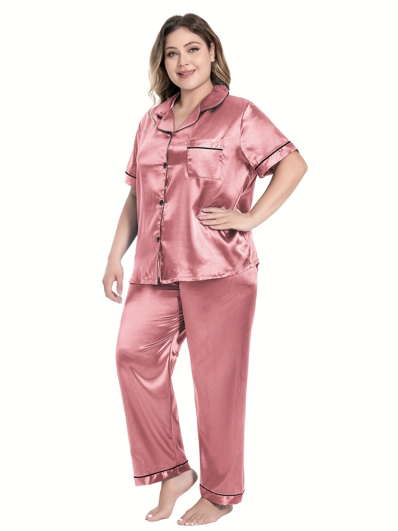  Satin Pajama Set Short Sleeve Button Up Shirt & Pants 2 Piece