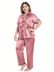  Satin Pajama Set Short Sleeve Button Up Shirt & Pants 2 Piece
