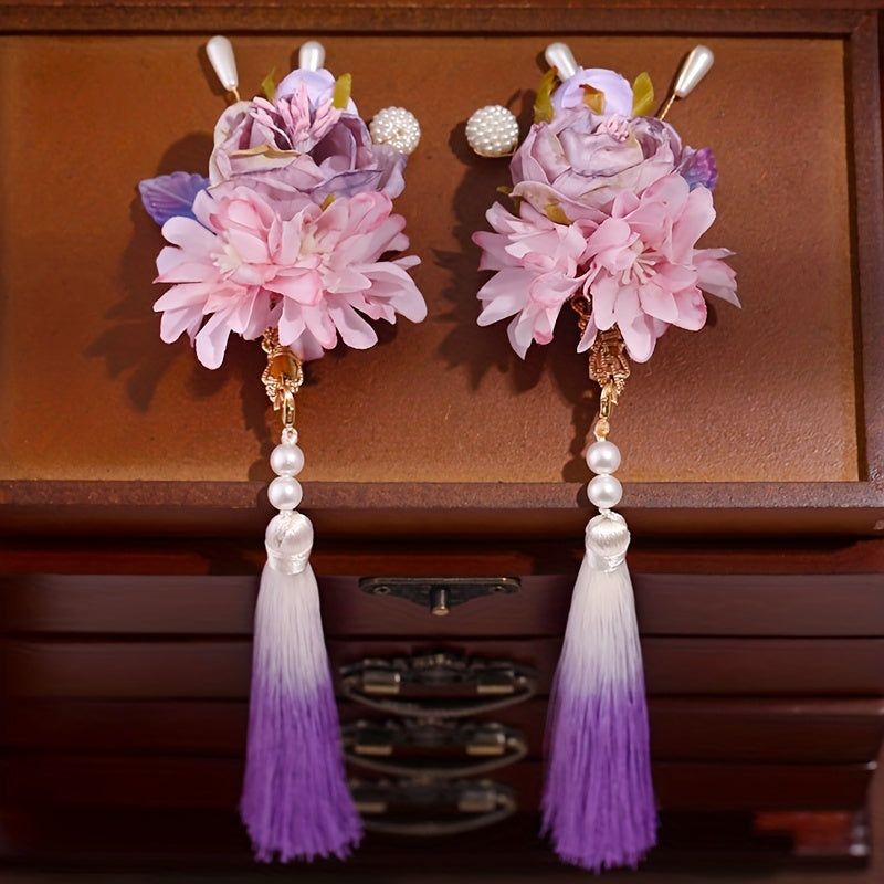 Chinese Flower Hair Clip with Tassel & Faux Pearl Retro Accessory