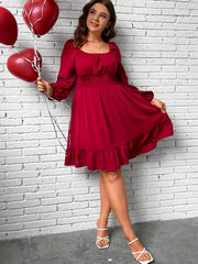  Sexy Solid Lantern Sleeve Dress