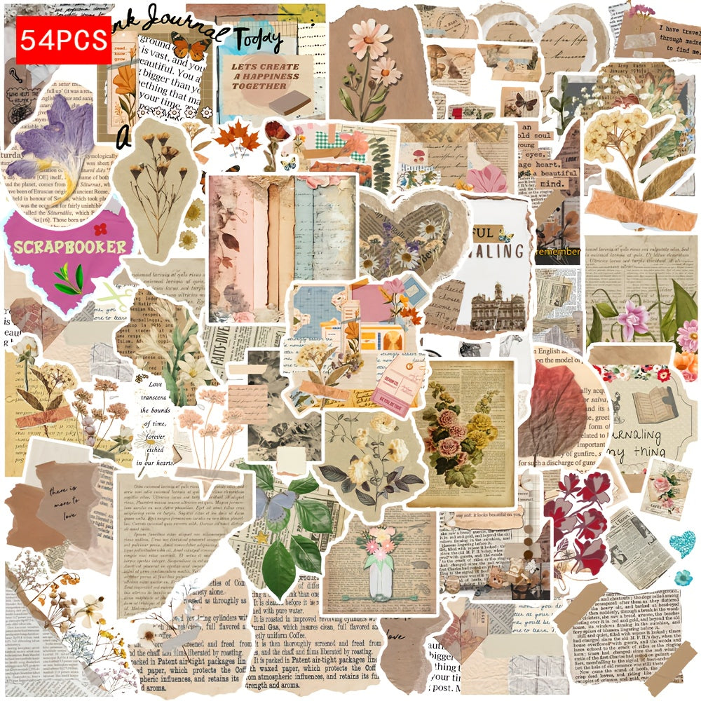54pcs Retro Art Series Waterproof PVC Adhesive Stickers - Vintage Design