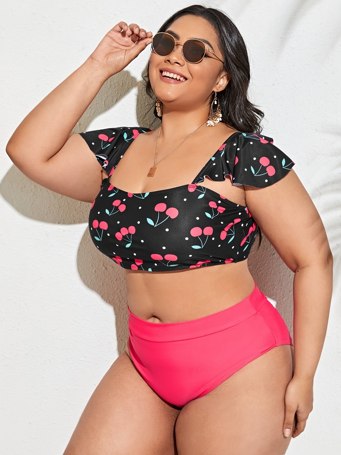  Colorblock Cherry Print Ruffle Sleeve Bikini Set