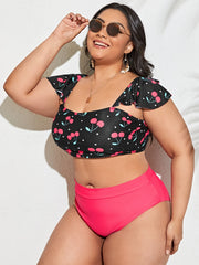  Colorblock Cherry Print Ruffle Sleeve Bikini Set