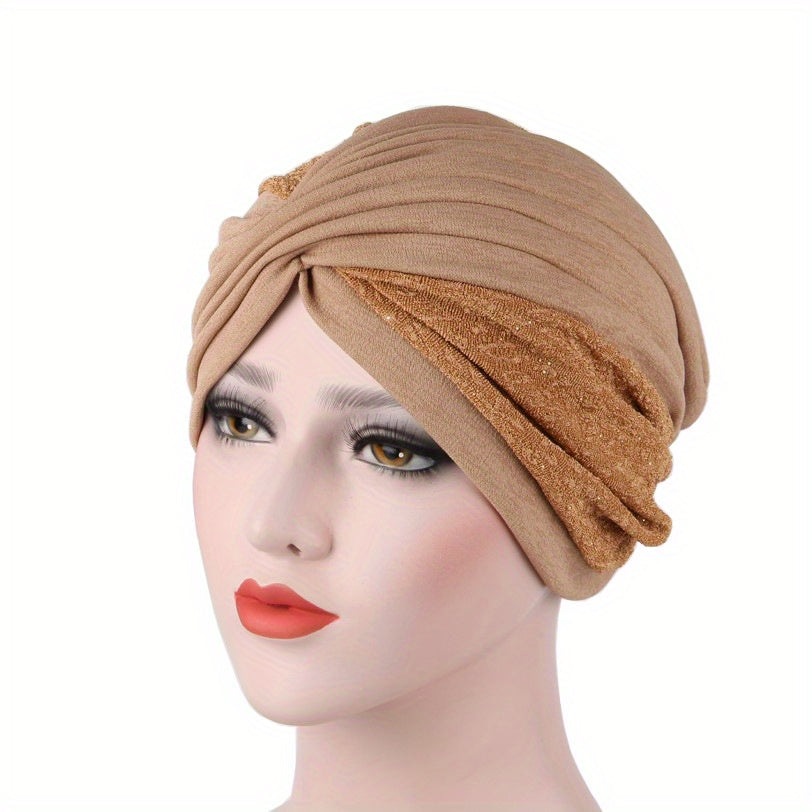 Block Stitching Turban Cap Lace Pleated Head Wrap