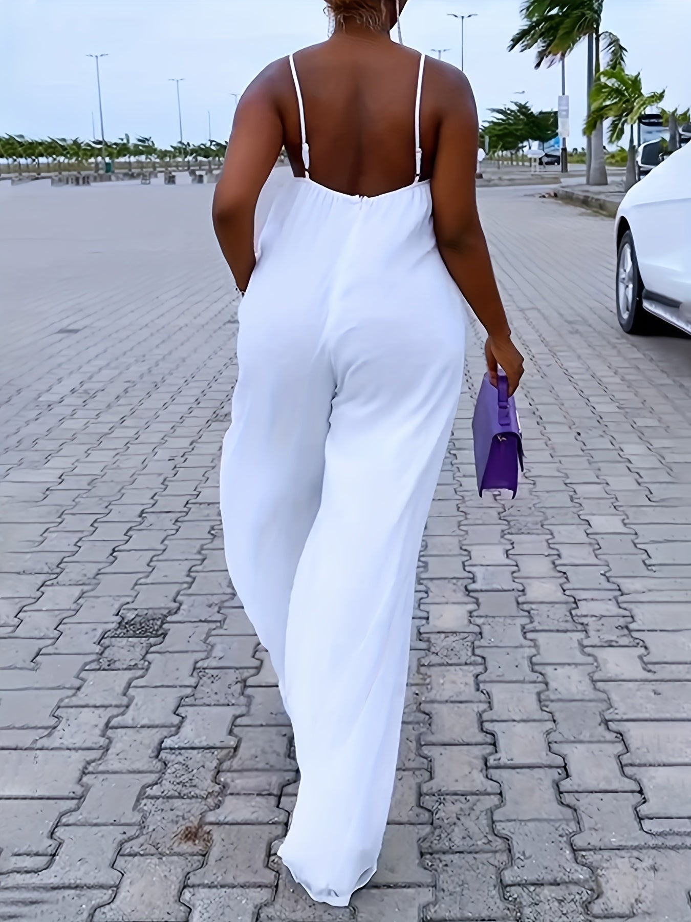  Casual Cami Jumpsuit Solid Round Neck Backless Wide Leg With Pockets