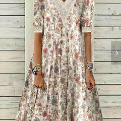  Floral Print Lace Sleeve V Neck Pleated Dress With Pockets