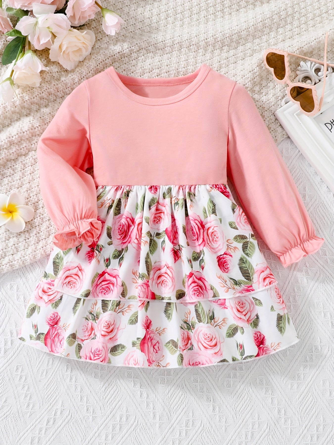 Sweet Toddler Baby Girls Floral Pleated Dress Long Sleeve Casual