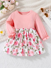 Sweet Toddler Baby Girls Floral Pleated Dress Long Sleeve Casual