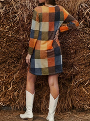  Colorblock Grid Print Long Sleeve Round Neck Dress