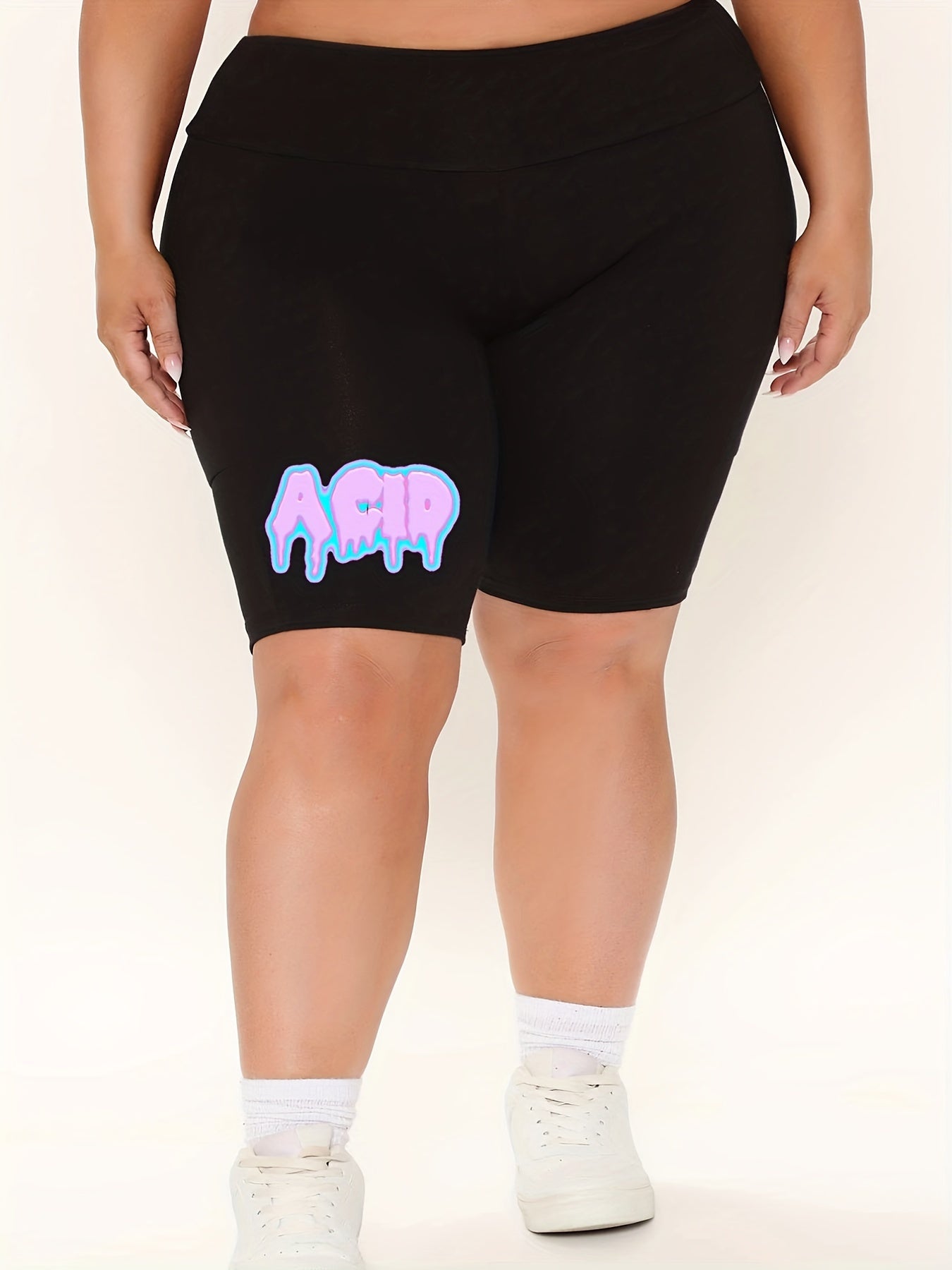 Plus Size Dripping Letter Print High Rise Biker Shorts