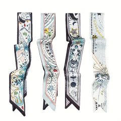 Flower Print Skinny Scarf Long Ribbon Neckerchief Silk Twilly Scarf