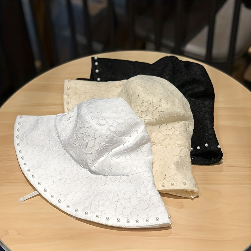 Faux Pearl Decor Bucket Hat Flower Embroidery Summer Sunshade Travel Beach Hats