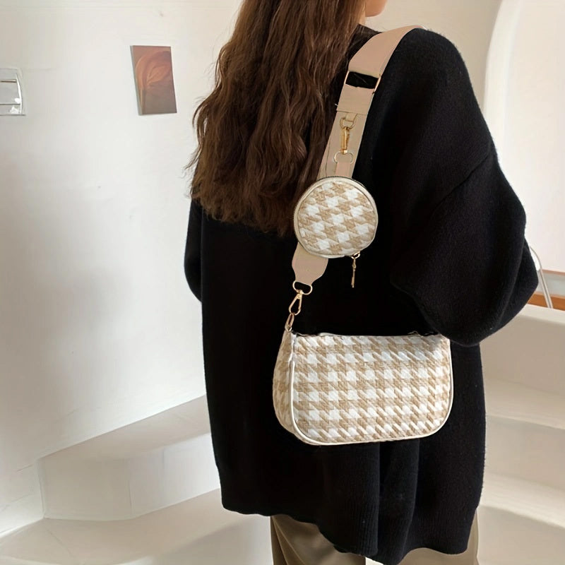 Stylish Houndstooth Shoulder Bag With Mini Round Purse
