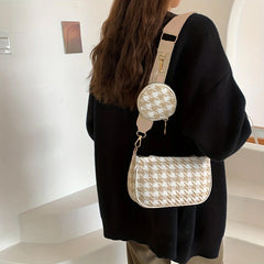 Stylish Houndstooth Shoulder Bag With Mini Round Purse