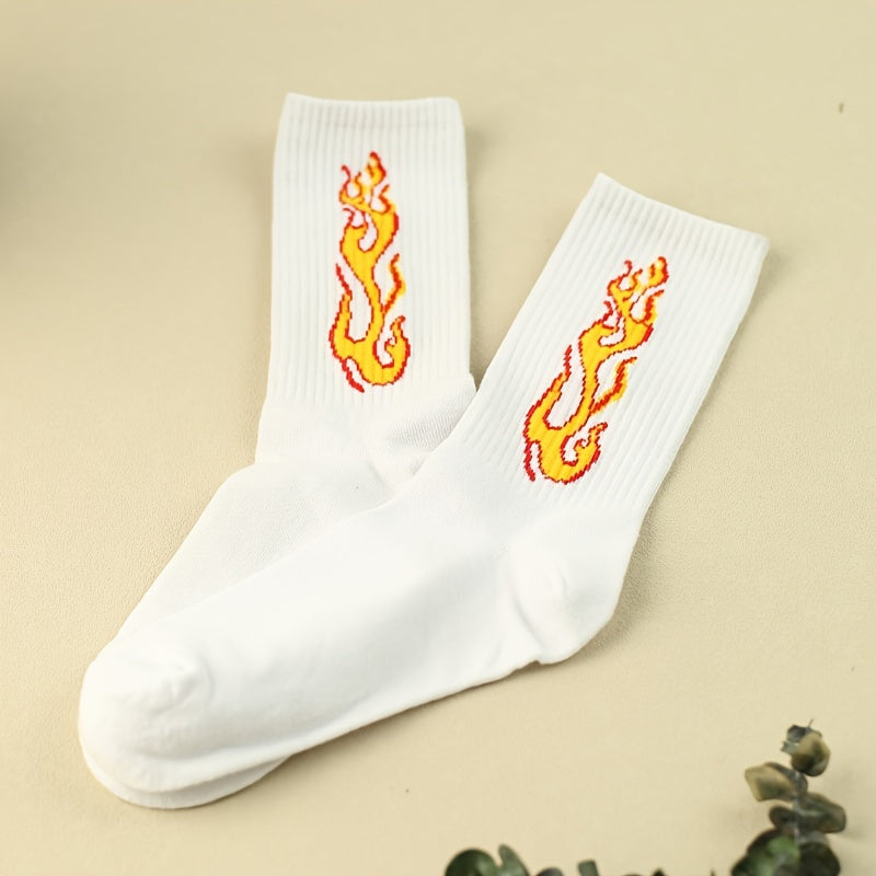 3 Pairs Flame Print Socks Comfy & Breathable Women's Mid Tube Stockings