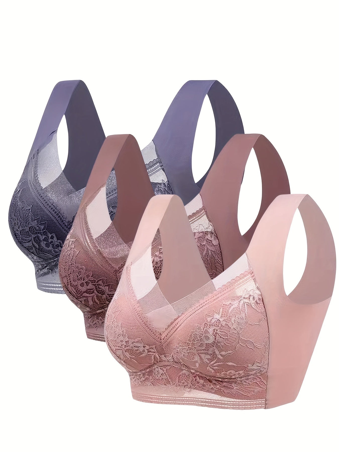 3pcs Contrast Lace Wireless Bras Full Coverage Comfy & Breathable