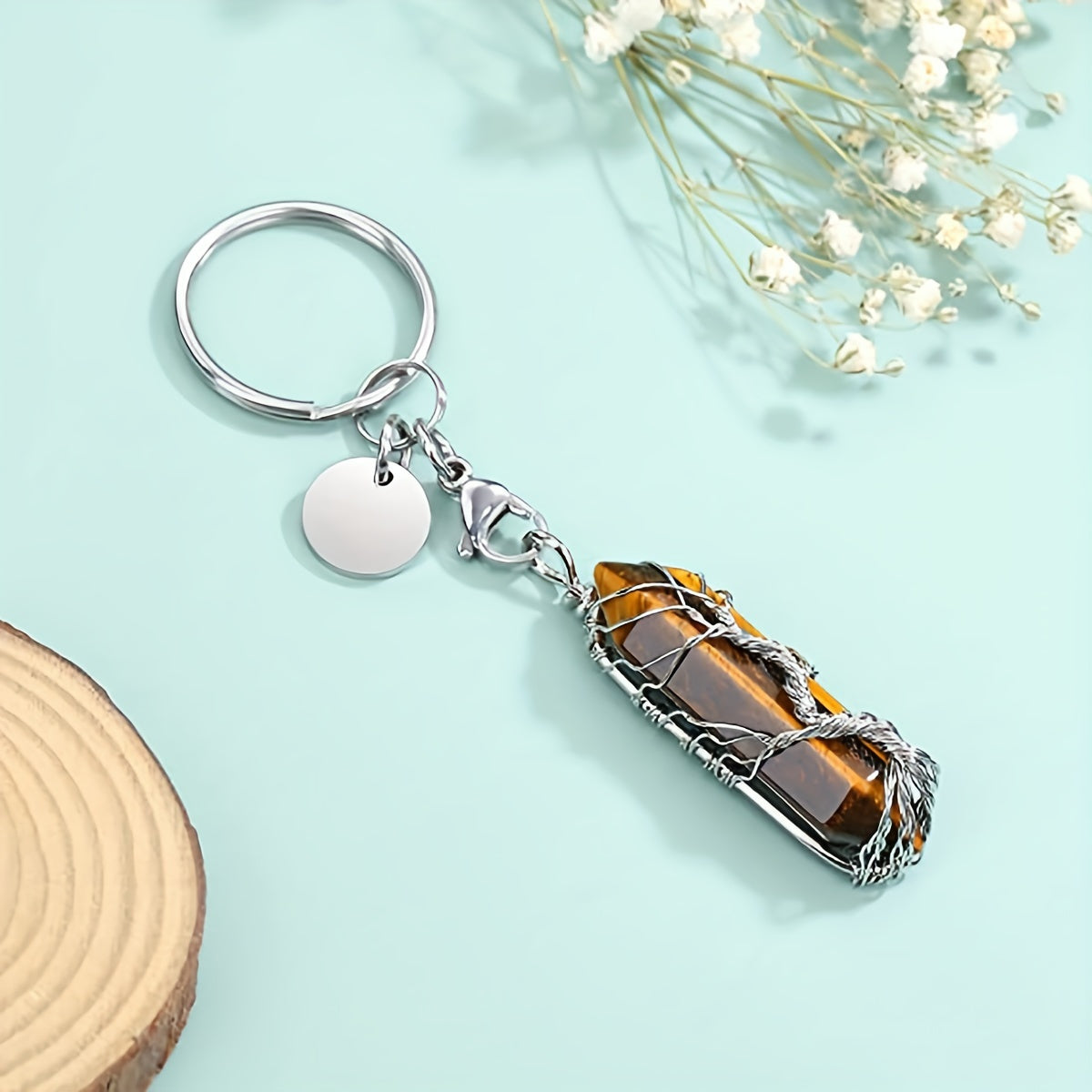 Tree Of Life Wire Wrapped Keyring Healing Stones Hexagonal Crystal Gemstone