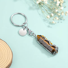 Tree Of Life Wire Wrapped Keyring Healing Stones Hexagonal Crystal Gemstone