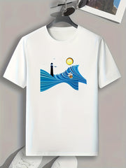 Moonlight Lighthouse Print Men's Graphic T-shirt
