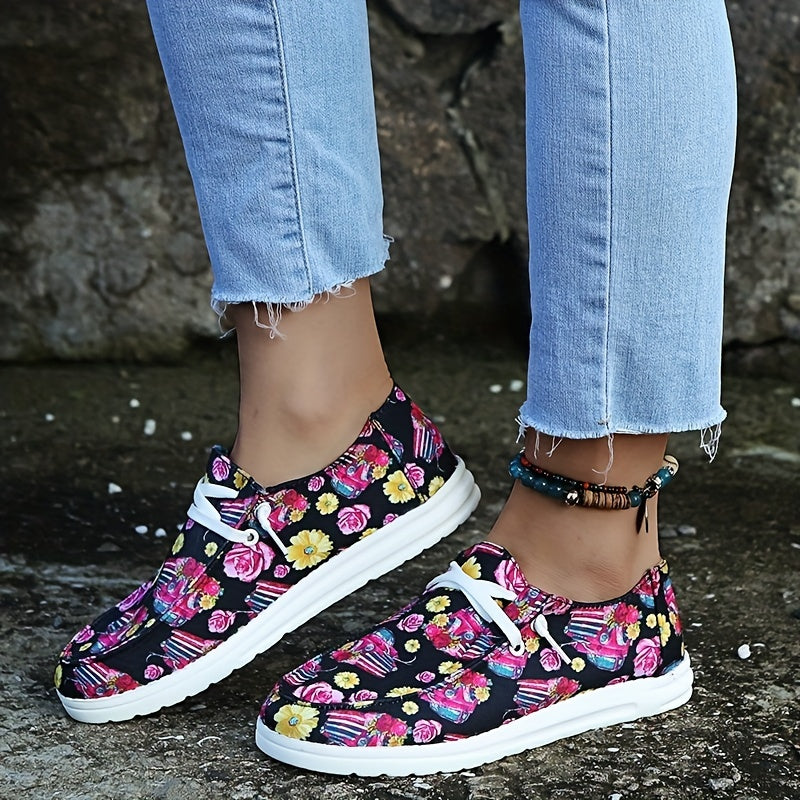 Sunflower Pattern Boat Shoes Flat Skate Shoes Women's Footwear