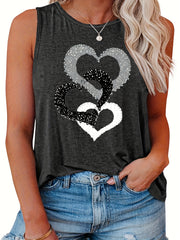  Casual Tank Top Women's Heart Print Round Neck Stretch Tank Top