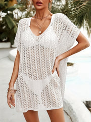 Crochet Batwing Sleeve Beach Cover Up V Neck Side Split Soft Boho Kaftan Dress
