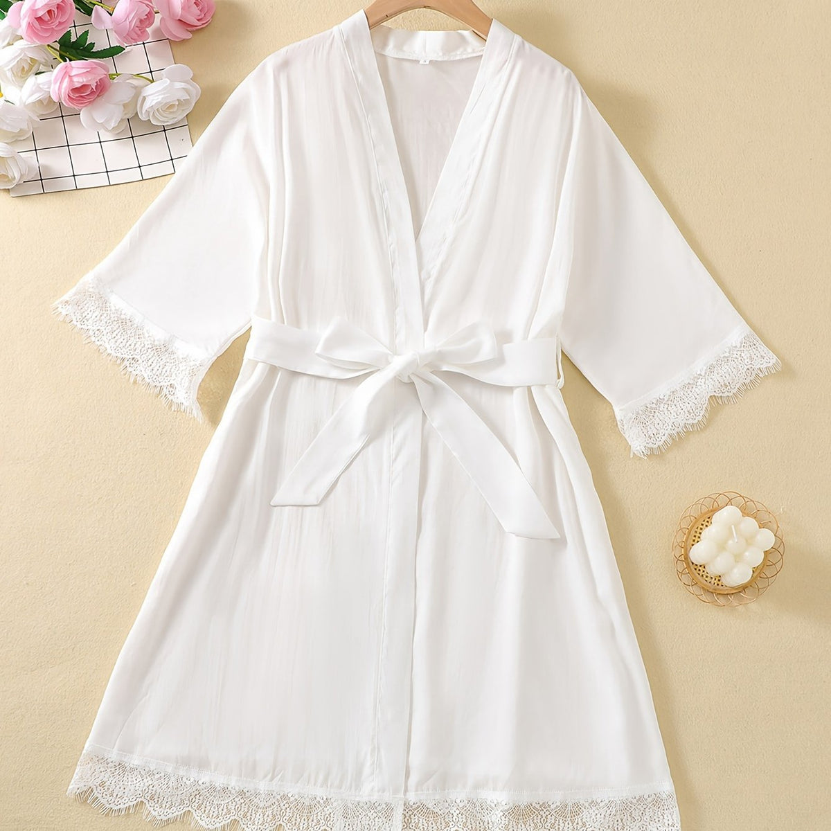 Lace Trim Night Robe Scallop Trim V Neck Robe With Belt Women's Sleepwear