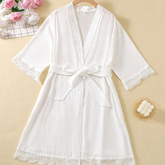 Lace Trim Night Robe Scallop Trim V Neck Robe With Belt Women's Sleepwear