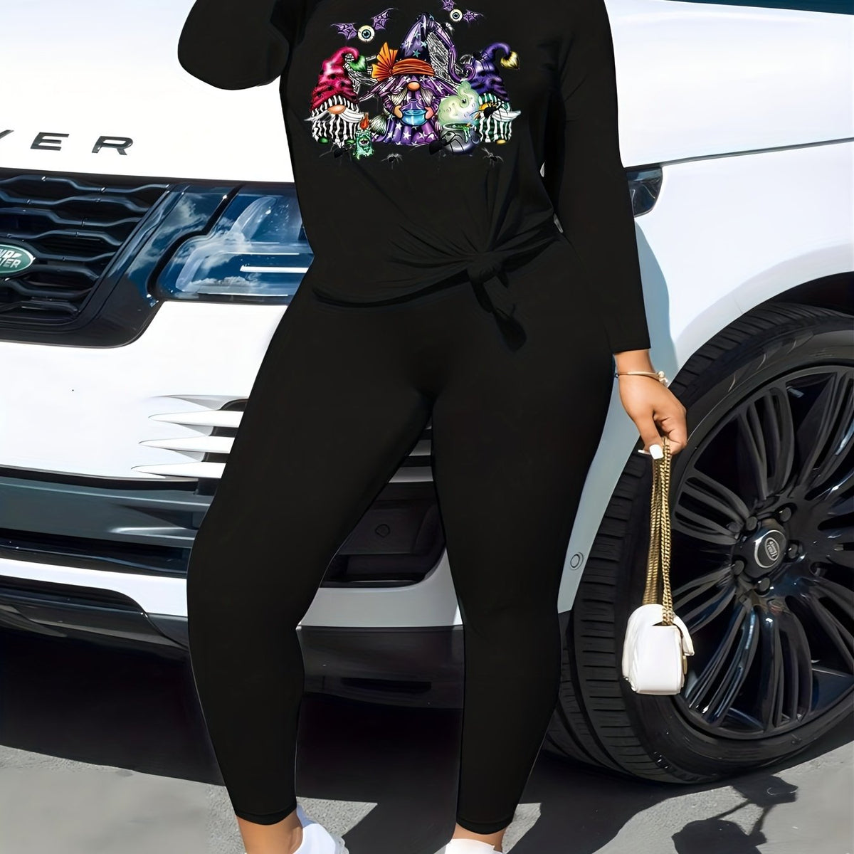  Halloween Witch & Bat Print Tee & Legging Outfit Set