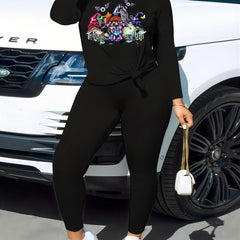  Halloween Witch & Bat Print Tee & Legging Outfit Set