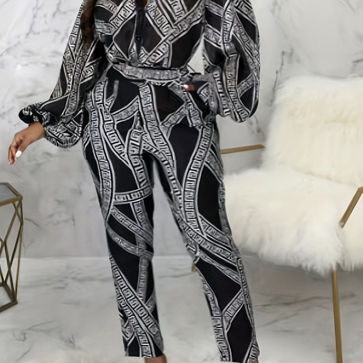  Greek Print Lantern Sleeve Jumpsuit