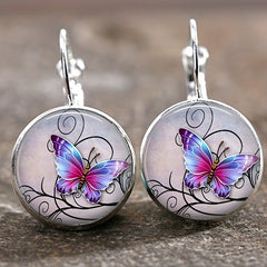Vintage Time Gemstone Glass Earrings Sunflower Tree Butterfly